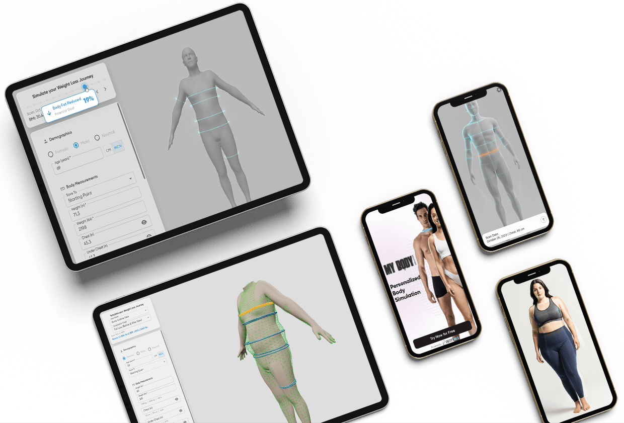AI Weight Loss Simulator displayed on multiple devices including tablets and smartphones showing before and after body transformations